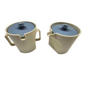 Vintage Tupperware Sugar Creamer Set Cream Blue MCM Kitchenware 1414 1415